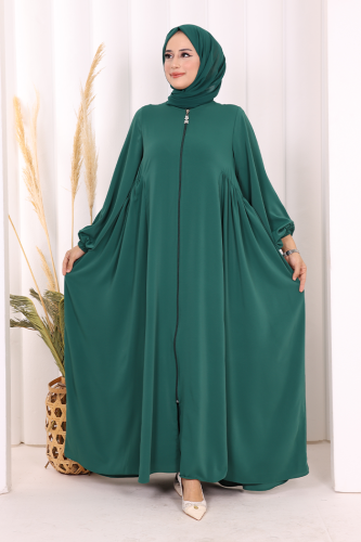 Oval Büzgülü Kol Manşetleri Lastikli Fermuarlı Tam Boy Ferace 6005 Zümrüt