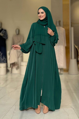 Oval Büzgülü Kol Manşetleri Lastikli Fermuarlı Tam Boy Ferace 6005 Zümrüt - Bym Fashion