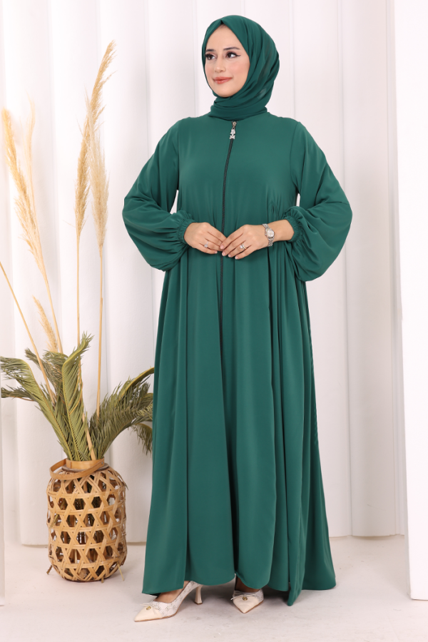 Oval Büzgülü Kol Manşetleri Lastikli Fermuarlı Tam Boy Ferace 6005 Zümrüt - 2