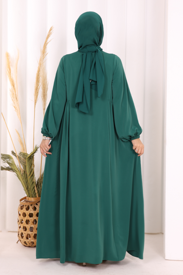 Oval Büzgülü Kol Manşetleri Lastikli Fermuarlı Tam Boy Ferace 6005 Zümrüt - 5