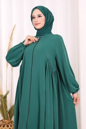 Oval Büzgülü Kol Manşetleri Lastikli Fermuarlı Tam Boy Ferace 6005 Zümrüt - 6