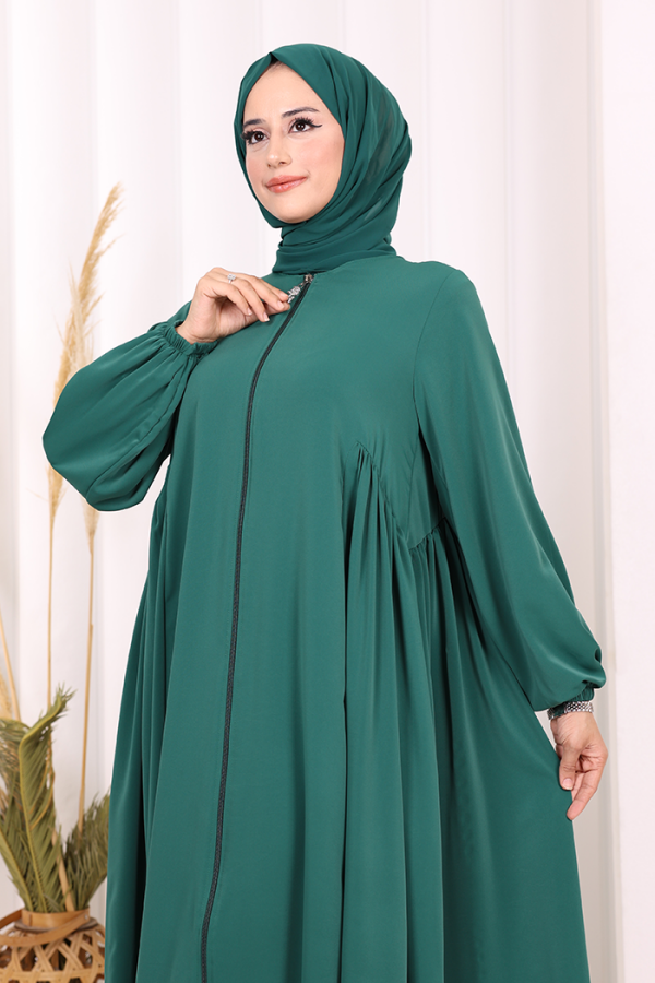 Oval Büzgülü Kol Manşetleri Lastikli Fermuarlı Tam Boy Ferace 6005 Zümrüt - 6