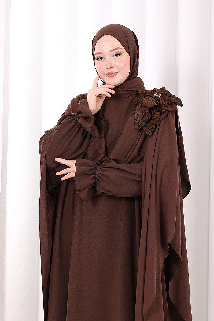 Pamuk Çiçek Detaylı Elbise Abaya ŞAL HEDİYE  8009 Kahverengi - 5