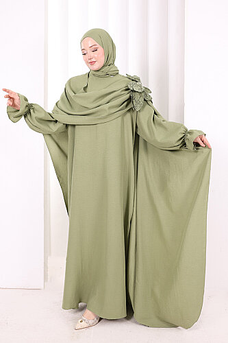 Pamuk Çiçek Detaylı Elbise Abaya ŞAL HEDİYE 8009 Yeşil