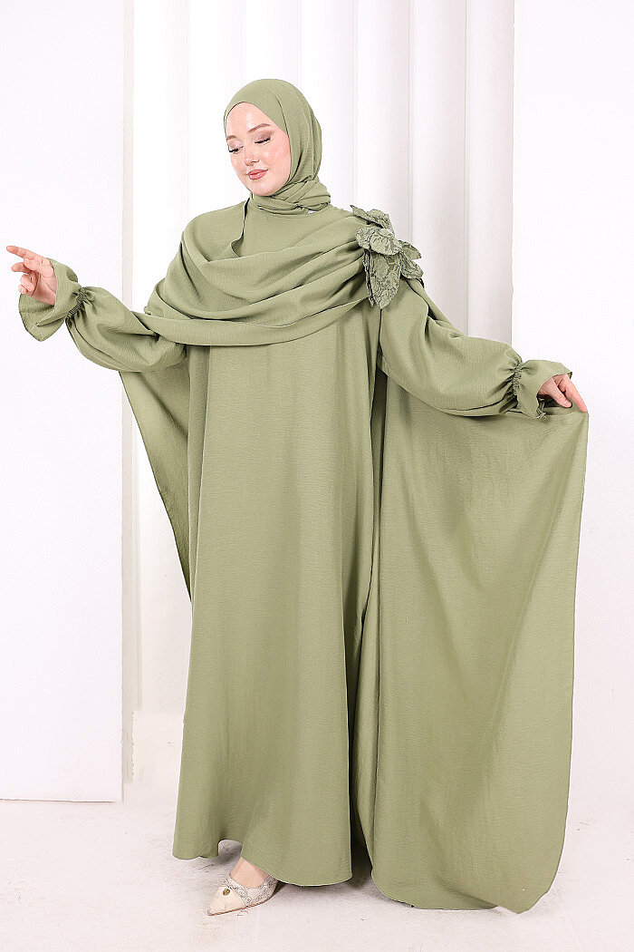 Pamuk Çiçek Detaylı Elbise Abaya ŞAL HEDİYE  8009 Yeşil - 1