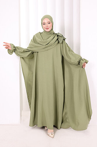 Pamuk Çiçek Detaylı Elbise Abaya ŞAL HEDİYE  8009 Yeşil - 3