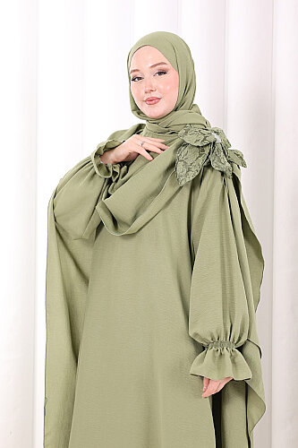 Pamuk Çiçek Detaylı Elbise Abaya ŞAL HEDİYE  8009 Yeşil - 4