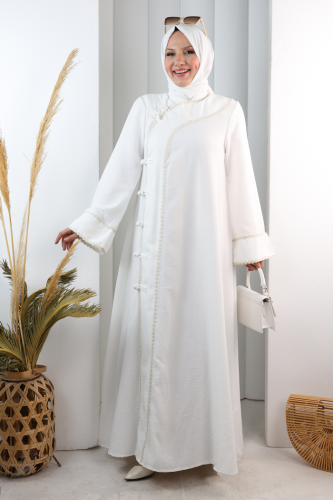 Papatya Dantelli Abaya Elbise 7097 Ekru - 2