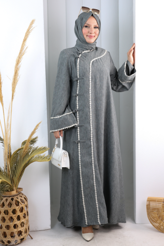 Papatya Dantelli Abaya Elbise 7097 Füme - 2