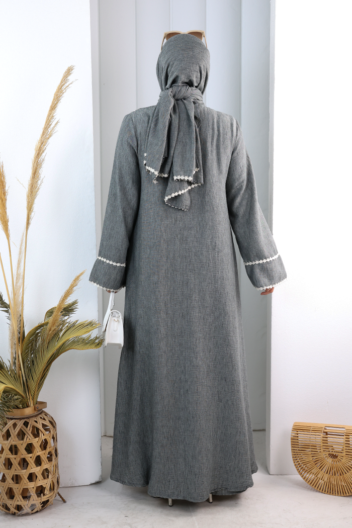 Papatya Dantelli Abaya Elbise 7097 Füme - 3