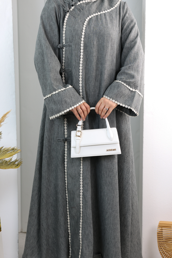 Papatya Dantelli Abaya Elbise 7097 Füme - 5