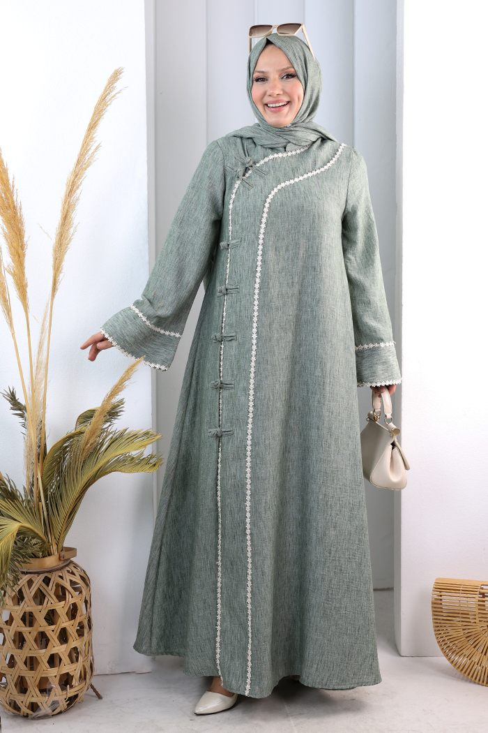 Papatya Dantelli Abaya Elbise 7097 Haki - 2