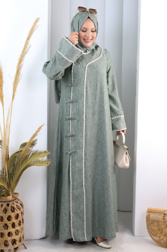 Papatya Dantelli Abaya Elbise 7097 Haki - 3