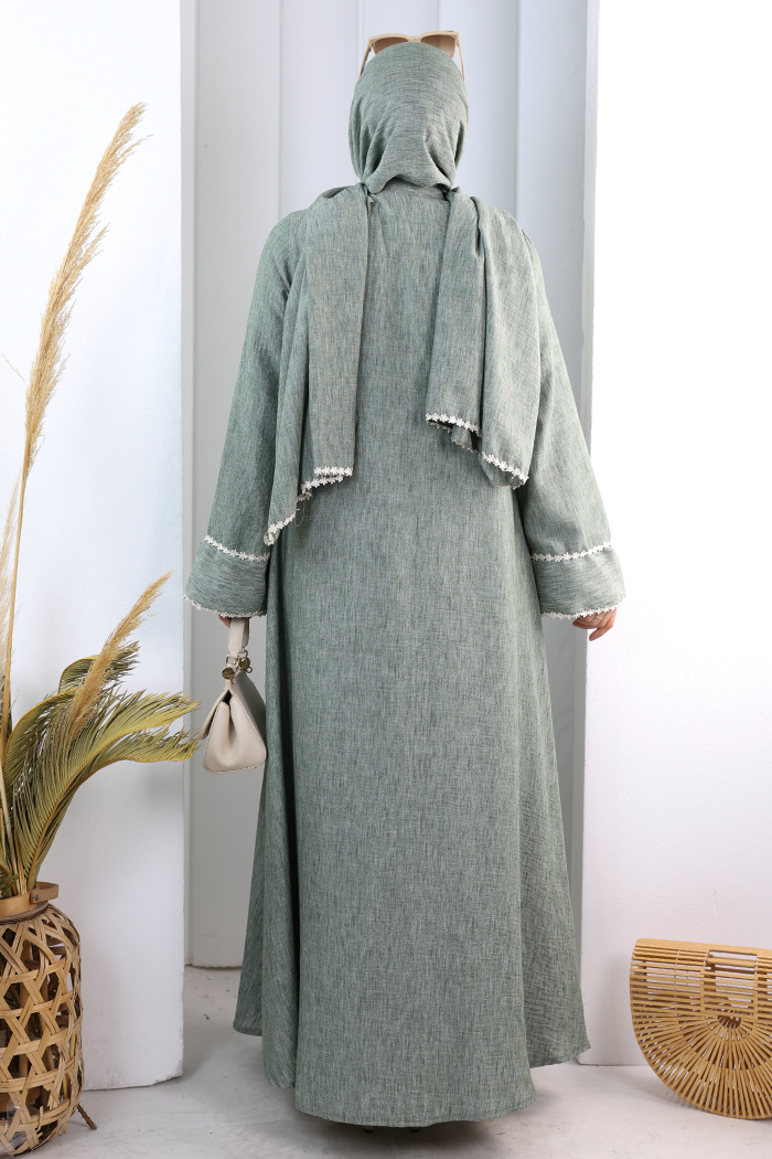 Papatya Dantelli Abaya Elbise 7097 Haki - 4