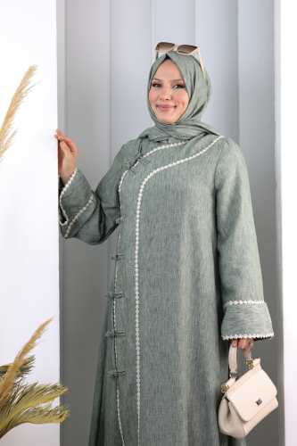 Papatya Dantelli Abaya Elbise 7097 Haki - 5