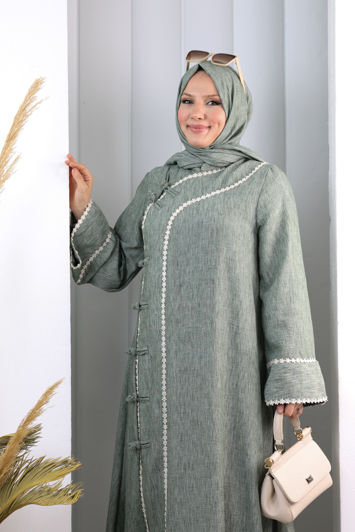 Papatya Dantelli Abaya Elbise 7097 Haki - 5
