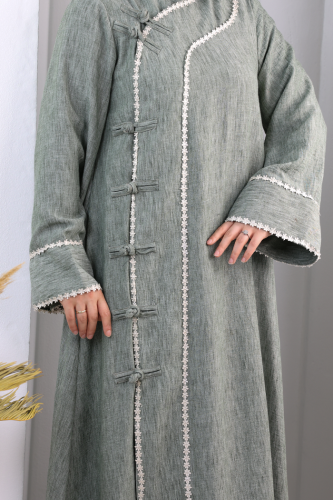 Papatya Dantelli Abaya Elbise 7097 Haki - 6
