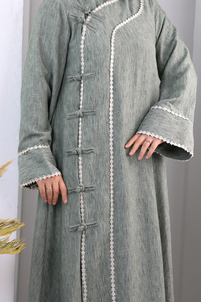 Papatya Dantelli Abaya Elbise 7097 Haki - 6