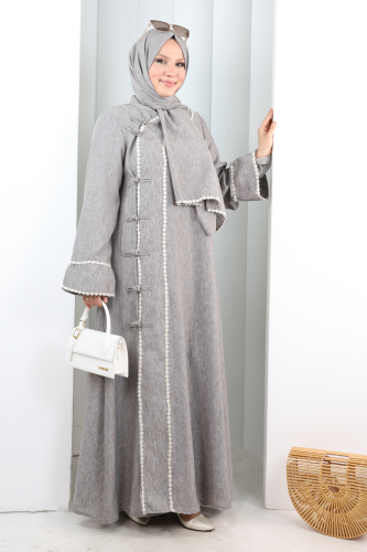 Papatya Dantelli Abaya Elbise 7097 Kahverengi