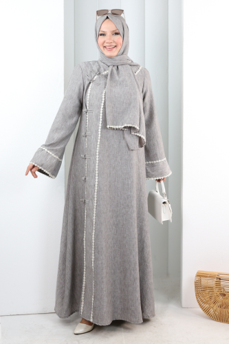 Papatya Dantelli Abaya Elbise 7097 Kahverengi - 3