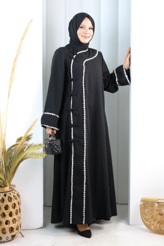 Papatya Dantelli Abaya Elbise 7097 Siyah