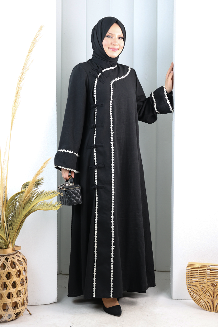 Papatya Dantelli Abaya Elbise 7097 Siyah - 1