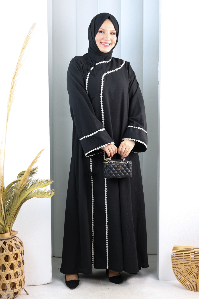Papatya Dantelli Abaya Elbise 7097 Siyah - 2