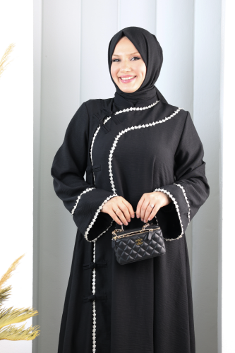 Papatya Dantelli Abaya Elbise 7097 Siyah - 4