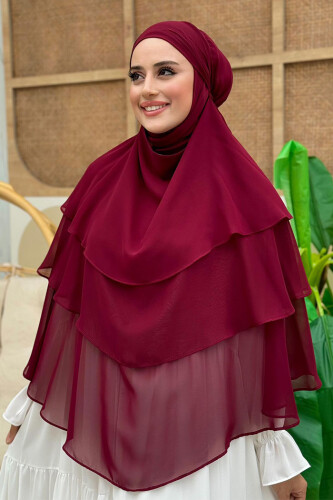 Peçeli 3 Katlı Şifon Sufle Şal 6012 Bordo - Bym Fashion