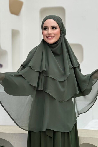 Peçeli 3 Katlı Şifon Sufle Şal 6012 Haki - Bym Fashion