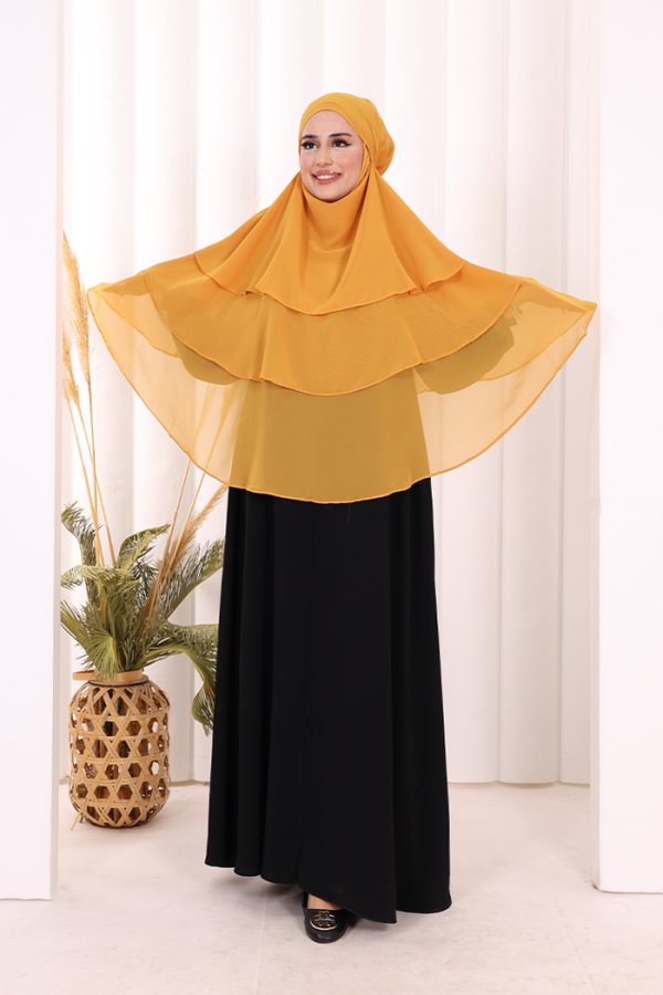 Peçeli 3 Katlı Şifon Sufle Şal 6012 Hardal - 1