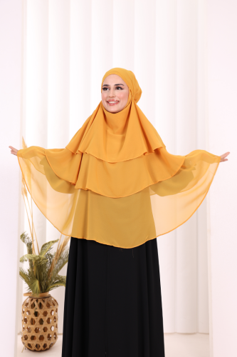 Peçeli 3 Katlı Şifon Sufle Şal 6012 Hardal - 3