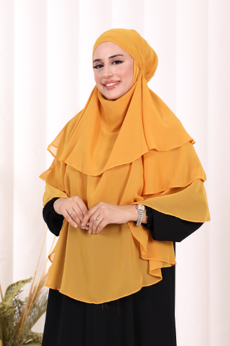 Peçeli 3 Katlı Şifon Sufle Şal 6012 Hardal - 4