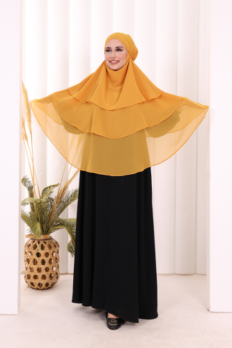 Peçeli 3 Katlı Şifon Sufle Şal 6012 Hardal - Bym Fashion