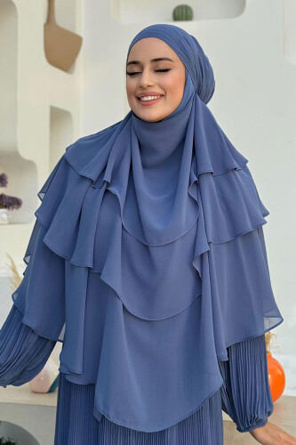 Peçeli 3 Katlı Şifon Sufle Şal 6012 İndigo - Bym Fashion