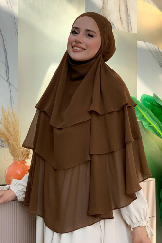 Peçeli 3 Katlı Şifon Sufle Şal 6012 Kahverengi - Bym Fashion