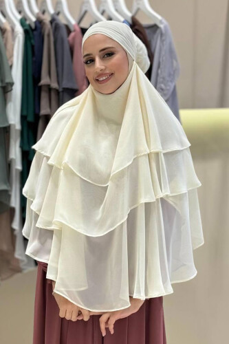 Peçeli 3 Katlı Şifon Sufle Şal 6012 Krem - Bym Fashion