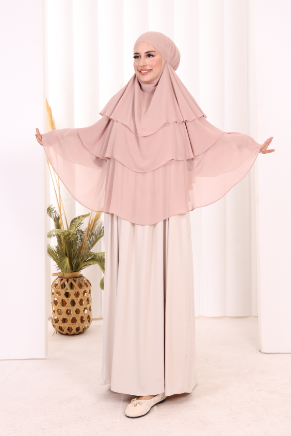 Peçeli 3 Katlı Şifon Sufle Şal 6012 Pudra - 1