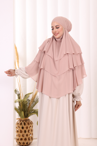 Peçeli 3 Katlı Şifon Sufle Şal 6012 Pudra - 2