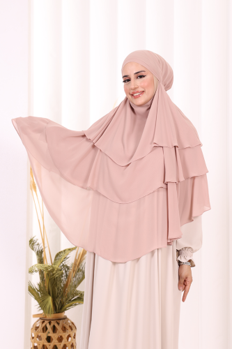 Peçeli 3 Katlı Şifon Sufle Şal 6012 Pudra - 3