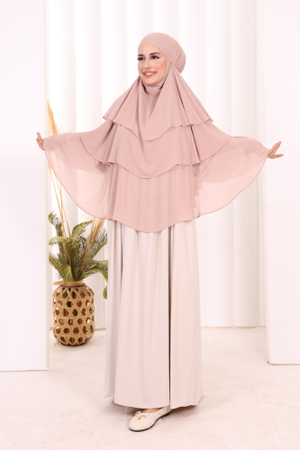 Peçeli 3 Katlı Şifon Sufle Şal 6012 Pudra - Bym Fashion