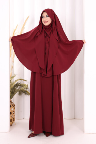 Peçeli Cilbab Model Elbise 6063 Bordo - 3