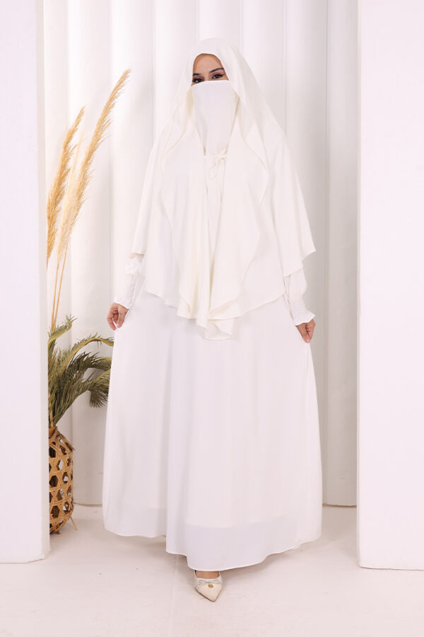 Peçeli Cilbab Model Elbise 6063 Ekru - 1