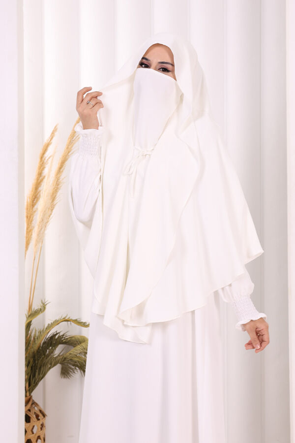 Peçeli Cilbab Model Elbise 6063 Ekru - 4