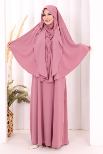 Peçeli Cilbab Model Elbise 6063 Gül Kurusu - 2