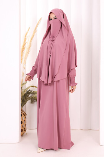 Peçeli Cilbab Model Elbise 6063 Gül Kurusu - 3