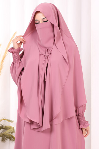 Peçeli Cilbab Model Elbise 6063 Gül Kurusu - 5