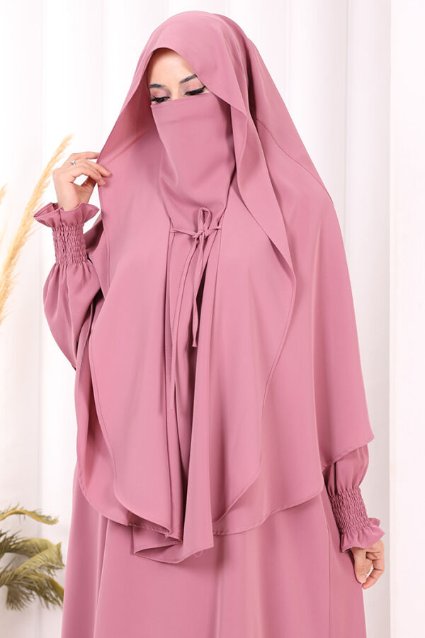 Peçeli Cilbab Model Elbise 6063 Gül Kurusu - 5