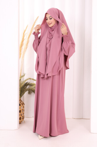 Peçeli Cilbab Model Elbise 6063 Gül Kurusu - 7