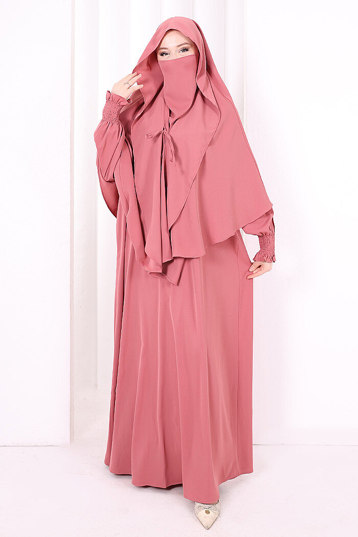 Peçeli Cilbab Model Elbise 6063 Gül Kurusu